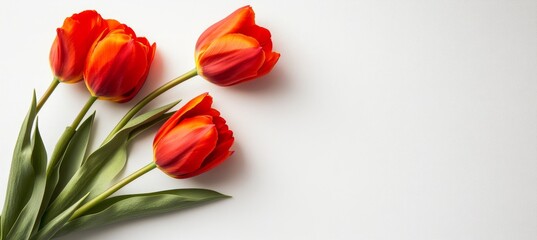 Obraz premium Three Vibrant Red Orange Tulips Isolated On White Background With Copy Space, Natural Sunlight