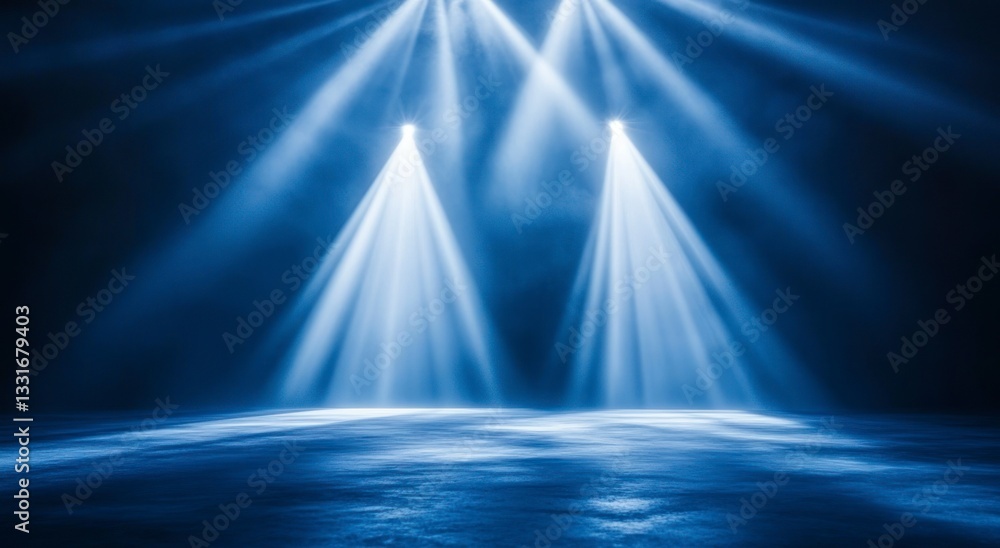 Poster illuminating stage with bright spotlights and fog creating a dynamic atmosphere