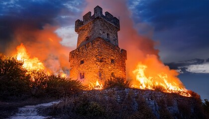 Fototapeta premium an ancient stone tower is overwhelmed by bright blazing flames during dusk surrounded by thick smoke fiery orange and red colors illuminate the night sky creating a dramatic atmosphere