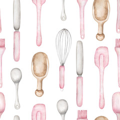 watercolor kitchen utensils seamless pattern, spoon, spatula, silicone brush, whip repeat  paper, scrapbooking