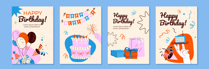 Birthday greeting cards design with cake, balloons and typography design. Abstract universal grunge artistic templates. For poster, business card, invitation, flyer, banner, email header
