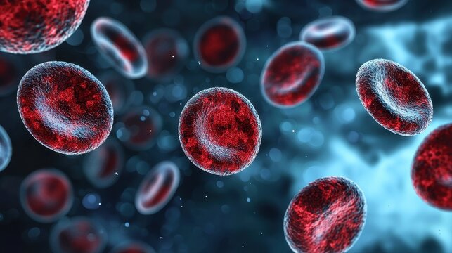 Abstract visualization of red blood cells in a fluid environment, highlighting their structure and movement under a microscopic view.