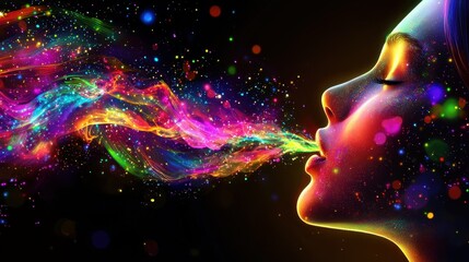 A vivid portrait of a woman exhaling colorful, swirling patterns that resemble cosmic energy against a dark background.