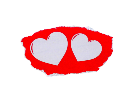 Two white hearts on pieces of torn or cut paper, design elements isolated on transparent background.