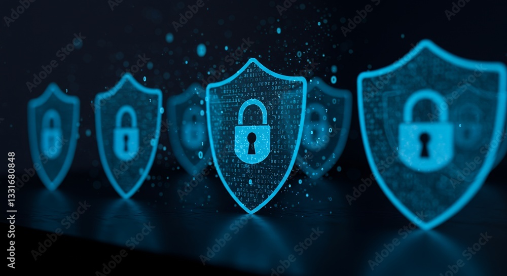 Poster shields with padlocks representing digital security and data protection concept
