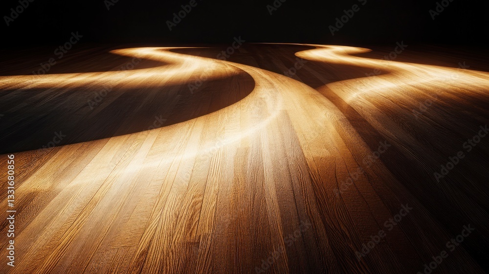 Poster illuminated wooden floor winding path creating dynamic light and shadow