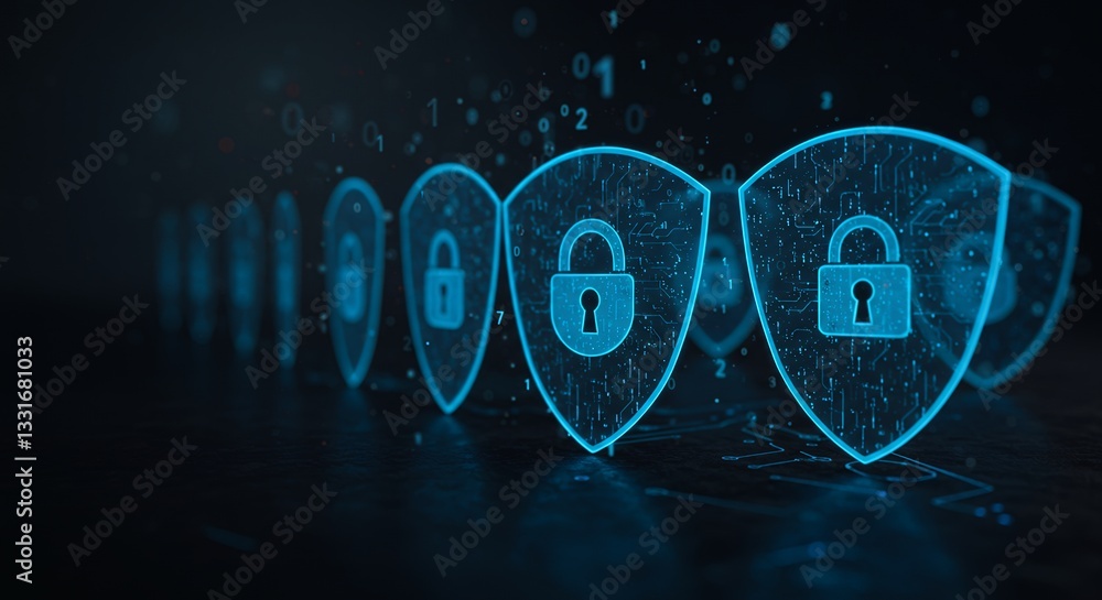 Poster shields with padlocks representing cyber security and data protection