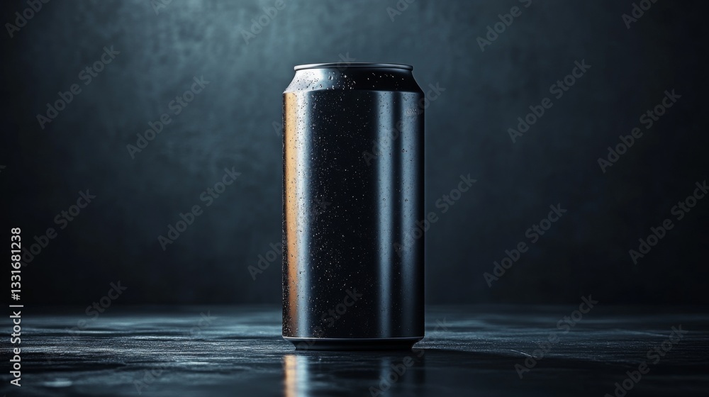Aufkleber A sleek metallic beverage can stands upright on a textured surface, illuminated softly in a dim setting that creates a dramatic atmosphere.