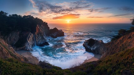 A stunning coastal landscape with cliffs, crashing waves, and a beautiful sunrise.