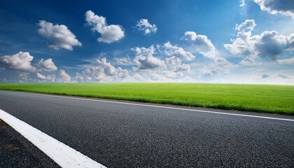Fototapeta premium side of asphalt road with green grass against blue sky with clouds