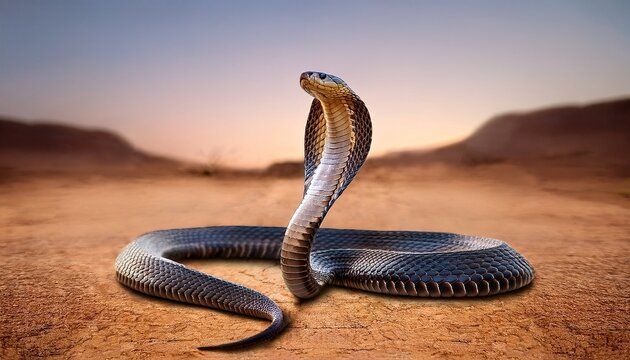 Close-up of cobra with flared hood in defensive posture, showing intricate scale pattern and intense gaze, wildlife reptile photography.
