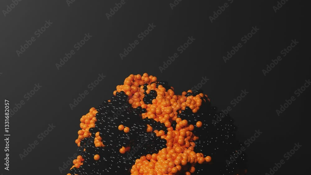 Poster 3d rendering of abstract art particle loop animation with 3d particle in orange and black color