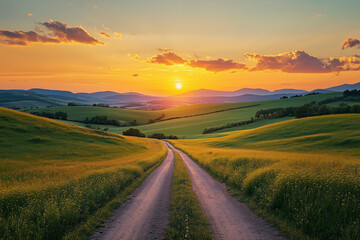 Beautiful summer mountain rural landscape; Panorama of summer green field with dirt road and Sunset cloudy sky.