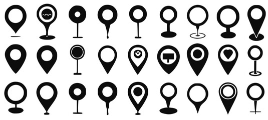 geolocation pin icon set representing global positioning, travel destinations, and navigation markers. Perfect for maps, address locators, city landmarks, and digital positioning services. Vector illu