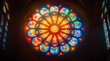 A mesmerizing photography of a Gothic rose window, with its vibrant stained-glass design illuminated by sunlight, creating a kaleidoscope of colors against the dark stonework.