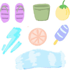 handmade illustration, sandals, green pot, orange, lightning ice cream and waves vector