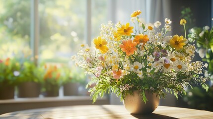 Fototapeta premium A vibrant bouquet of wildflowers in a meadow setting.