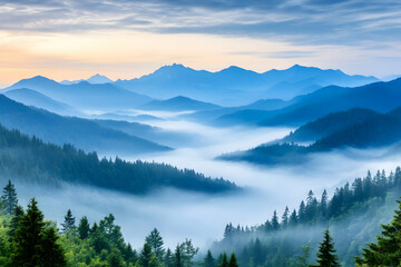 Obraz premium Misty mountain range at sunrise (2)