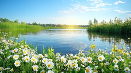 Serene lake shore with wildflowers