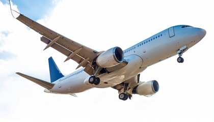 Obraz premium commercial airplane flying against a clear blue sky symbolizing travel and freedom isolated on white background