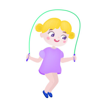 Sport little girl jumping with skipping rope. Little smiling kid having fun with skipping rope. Flat vector illustration isolated on white background