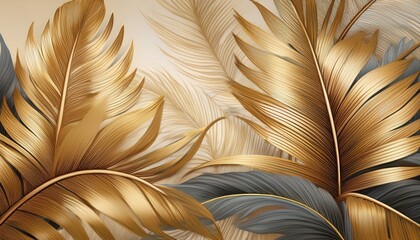 palm leaves illustration in gold wallpaper texture natural beige colors 3d design seamless pattern abstract background mural ceiling watercolor effect digital art fabric printing textile