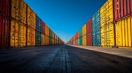 Fototapeta premium Global Trade Hub Rows of Colorful Shipping Containers at Port on Sunny Day, High Angle View