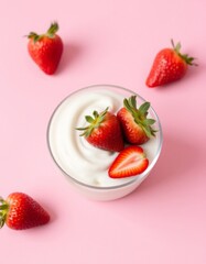 Yogurt with strawberries on a pink background	
