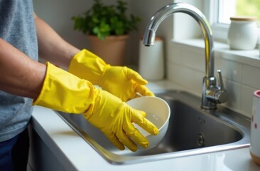 Hands in yellow gloves washing dishes in kitchen sink