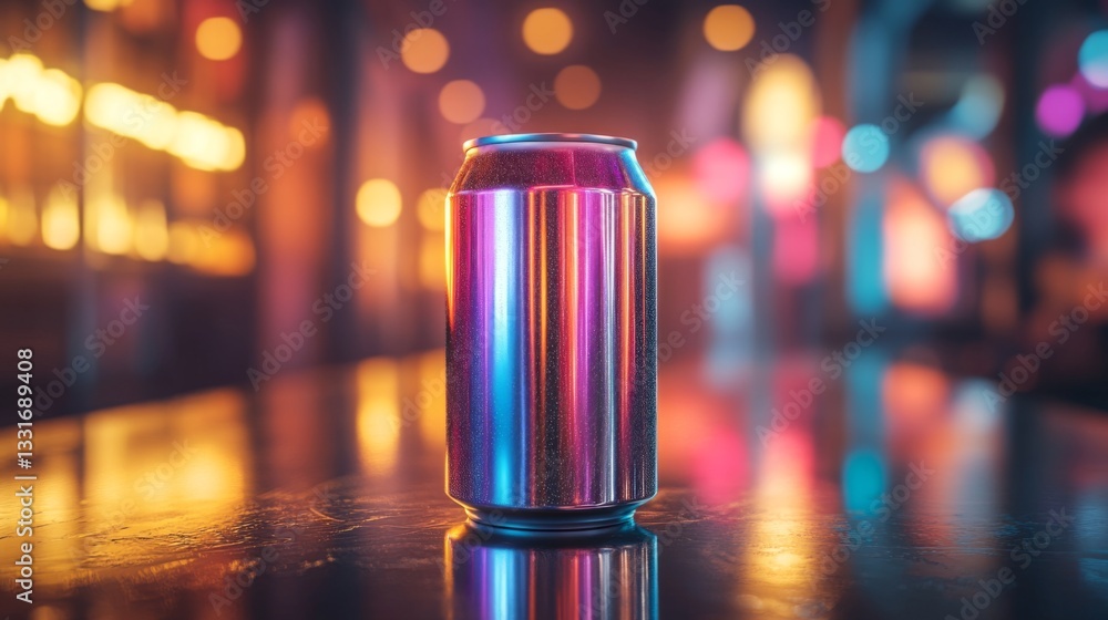Poster a sleek, shiny can is positioned at the center of a glossy table in a lively bar. surrounding ambien
