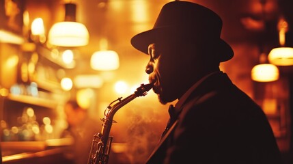 African male adult jazz musician playing saxophone in dimly lit bar ambiance