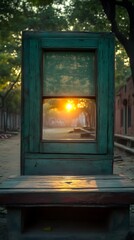 Sunrise framed by old window, park bench, tranquil setting