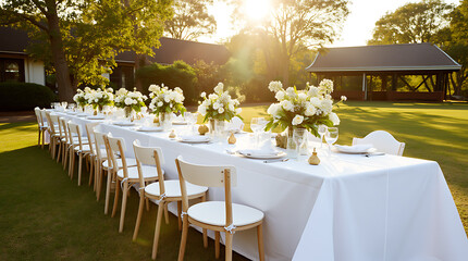 Elegant outdoor dining setup with floral arrangements on a sunny day in a park