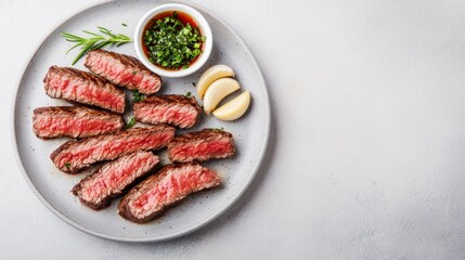 Grilled skirt steak plated with a delicate garnish