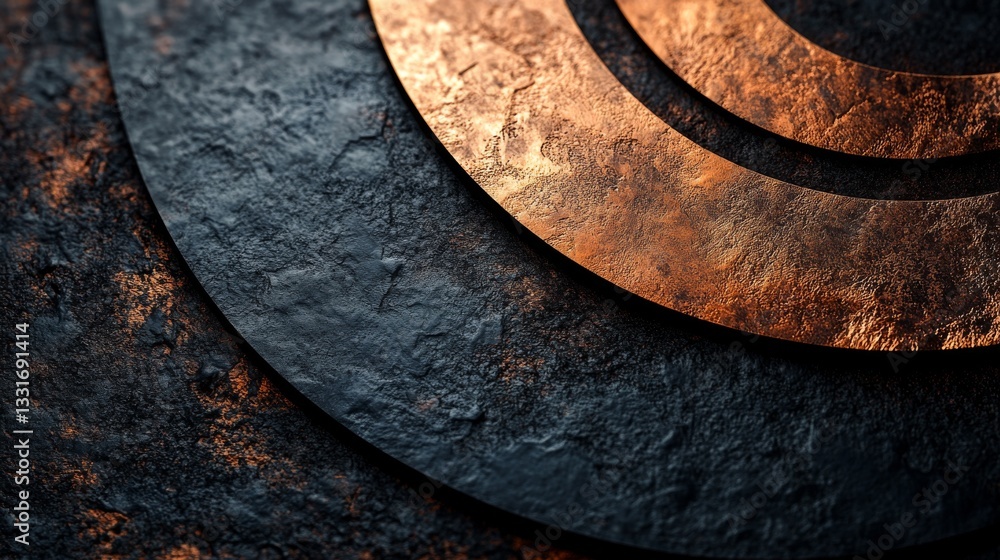 Poster circular copper and stone elements overlap on textured dark background