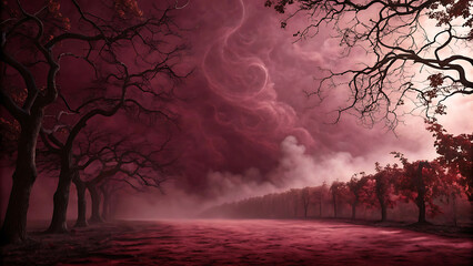 Fototapeta premium Dramatic Red Stage Backdrop with Smoky Atmosphere. tree, sunset, landscape, sky, nature, winter, snow, sunrise, sun, trees, silhouette, forest, fog, night, morning, field, grass, autumn, cloud, light.