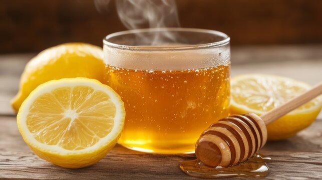 Steaming honey lemon tea with fresh lemons and honey dipper on wooden table