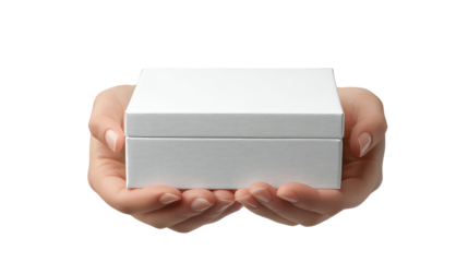 hand holding a gift box isolated on transparent background. 