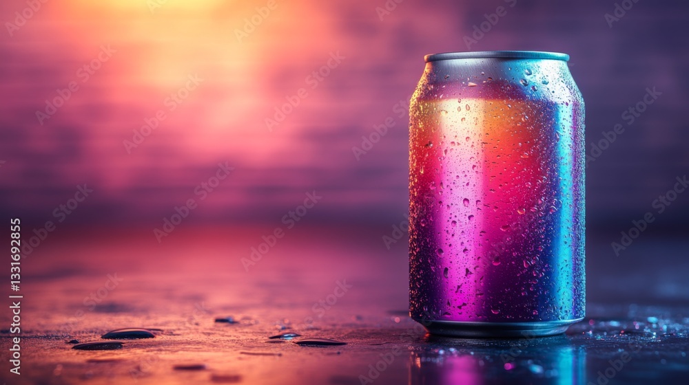 Aufkleber a colorful can sits on a wet surface, showcasing vibrant hues under captivating lighting during the 
