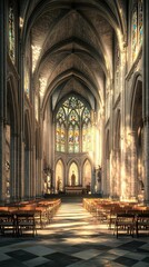 Fototapeta premium Stunning interior of a Gothic cathedral with intricate stained glass windows illuminating wooden benches and marble floors, creating a serene atmosphere.
