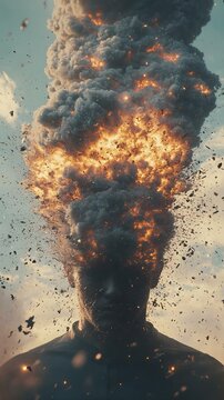 Surreal image depicting a man's head exploding with clouds and fire, symbolizing chaos, creativity, and transformation in a dramatic way.