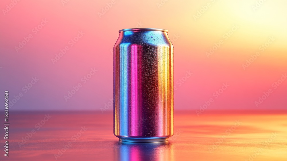 Poster a metallic soda can stands upright on a glossy surface, showcasing a blend of colors as it reflects 