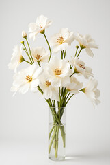 Bright white flowers in a clear glass vase showcasing elegance and simplicity in a minimalistic indoor setting during daylight hours