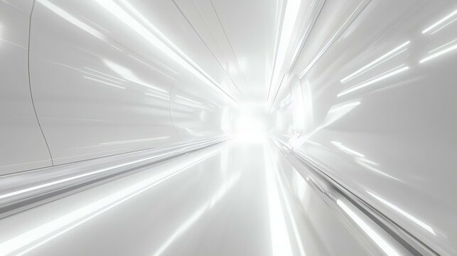 Futuristic tunnel with bright white lights and sleek design, suggesting speed and advanced technology. Perfect for sci-fi themes and modern aesthetics.