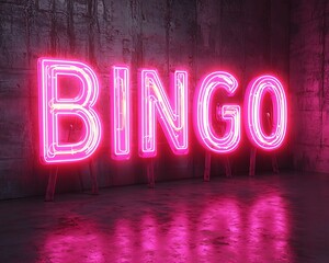 Neon BINGO sign on grunge wall.