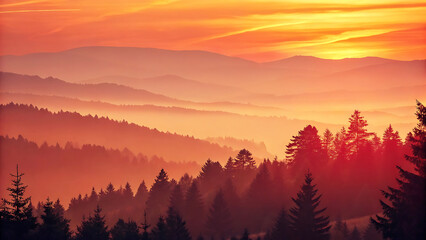 Obraz premium Breathtaking Sunrise Over Misty Mountain Ranges.mountain, sunset, landscape, sky, nature, fog, mountains, sunrise, cloud, forest, sun, clouds, hill, mist, morning, view, tree, dawn, winter, valley, 
