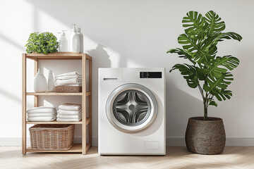 Modern front loading washing machine with premium white cabinet with digital control panel, located in bright white room.