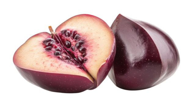 Beautifully sliced red-purple fruit showing vibrant inner seeds with smooth outer skin, showcasing its freshness and appeal