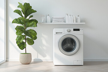 Modern front loading washing machine with premium white cabinet with digital control panel, located in bright white room.