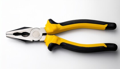 Obraz premium yellow pliers with black grip holding nothing on a white background